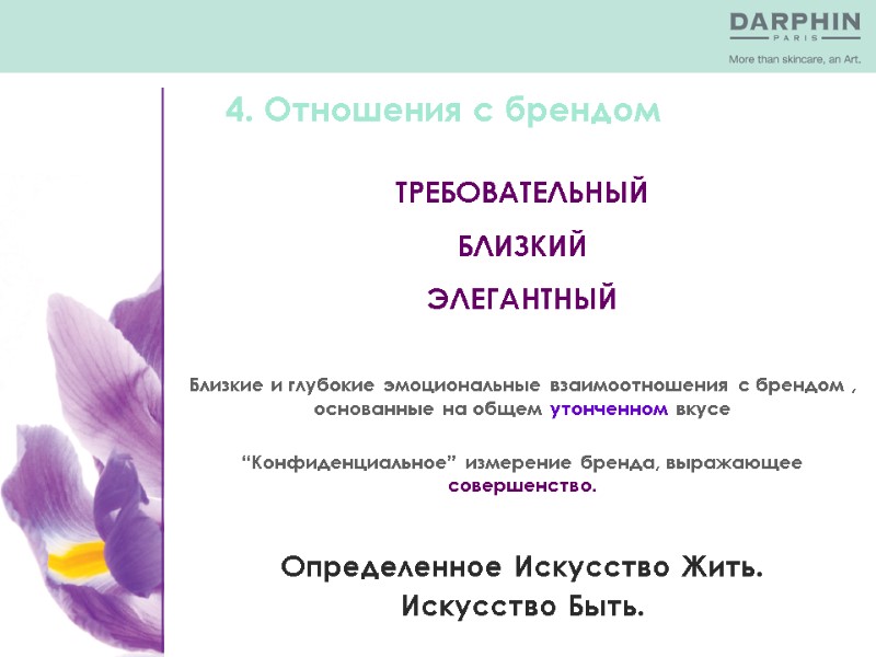 4. Отношения с брендом ТРЕБОВАТЕЛЬНЫЙ БЛИЗКИЙ  ЭЛЕГАНТНЫЙ Близкие и глубокие эмоциональные взаимоотношения с